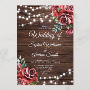 Marsala Red Rose Rustic Wood Wedding Invitation