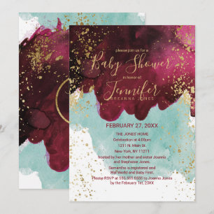 Marsala Red Teal Watercolor Gold Baby Shower Invitation