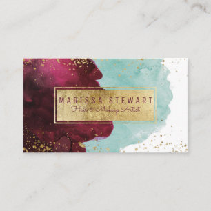 Marsala Red Teal Watercolor Gold Business Card