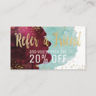 Marsala Red Teal Watercolor Gold Loyalty Referral Card