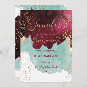 Marsala Red Teal Watercolor Gold Splash Bridesmaid Invitation