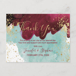 Marsala Red Teal Watercolor Gold Splash Thank You Postcard