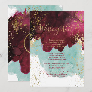 Marsala Red Teal Watercolor Gold Wishing Well Invitation