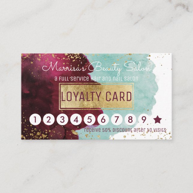 Marsala Red Teal Watercolor Loyalty Discount Punch Card (Front)