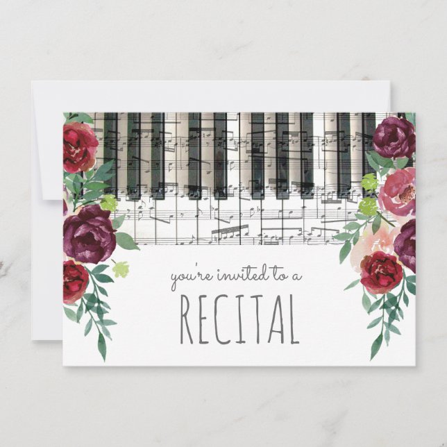 marsala red watercolor flowers music recital invitation (Front)
