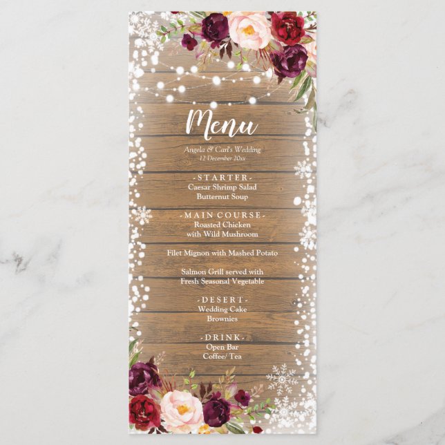 Marsala Romantic Rustic Winter Wedding Menu (Front)