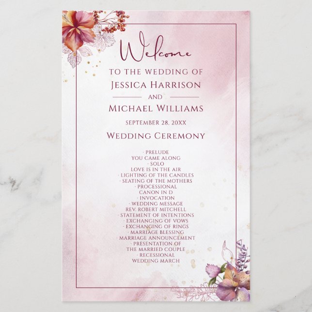 Marsala Rose Gold Watercolor Wedding Program (Front)