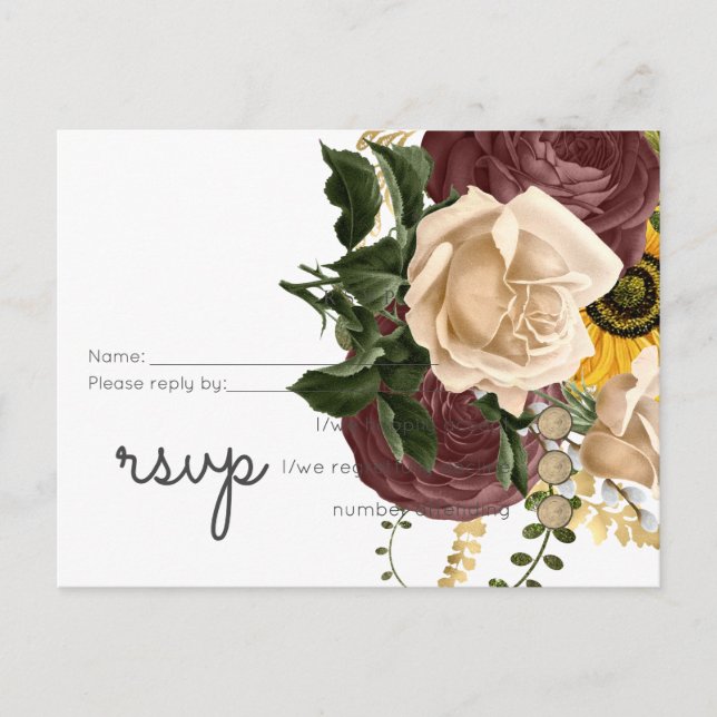 Marsala Roses Sunflowers Budget Cheap Wedding Invitation Postcard (Front)