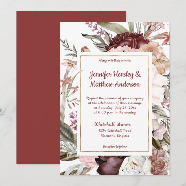 Marsala Sandy Peach Dusty Rose Floral Wedding  Invitation (Front/Back)