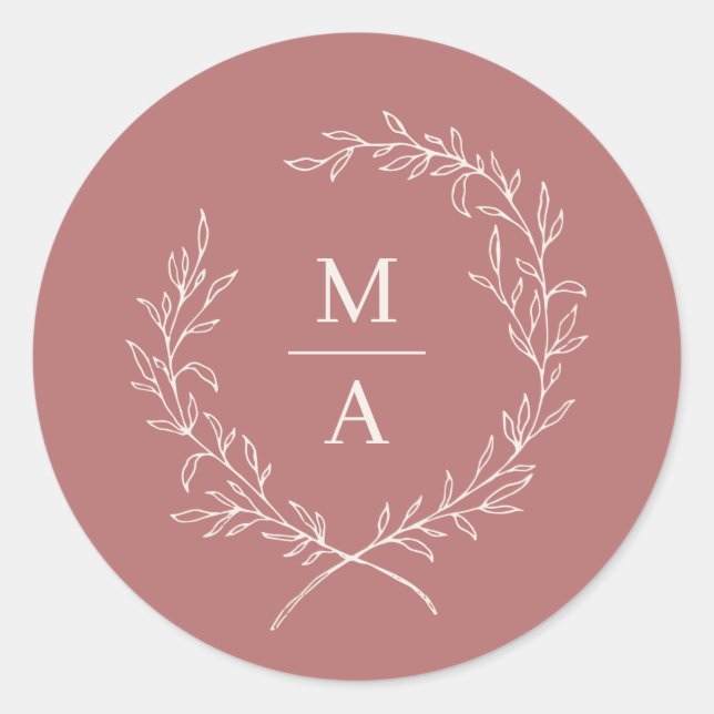Marsala Simple Elegant Laurel Wreath Monogram Classic Round Sticker (Front)