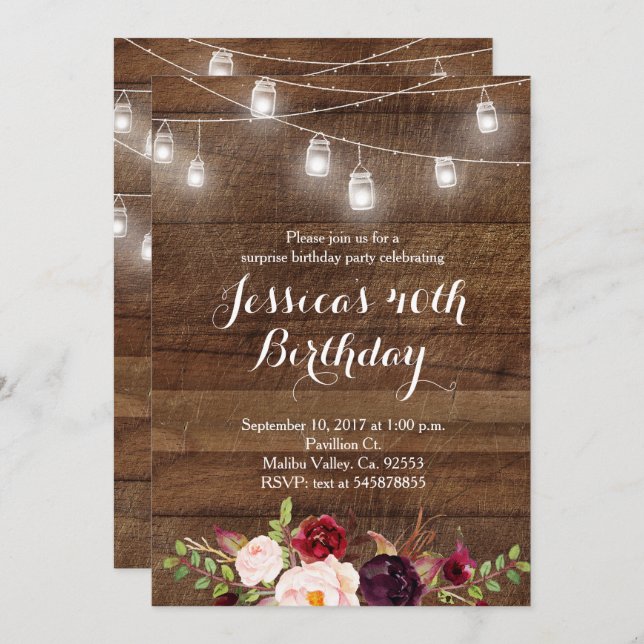 Marsala String light birthday invitation (Front/Back)