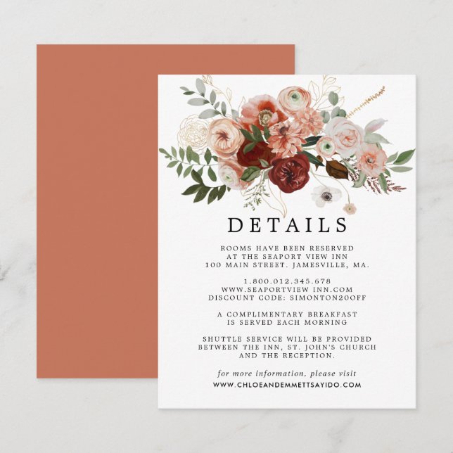 Marsala Terracotta Floral Wedding Guest Details Enclosure Card (Front/Back)