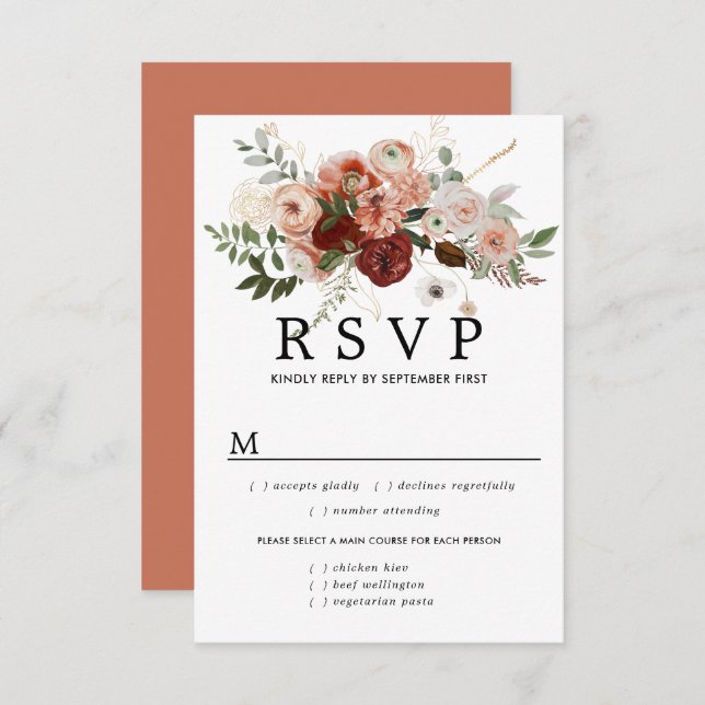 Marsala Terrocotta Wedding RSVP Card, Meal Options (Front/Back)