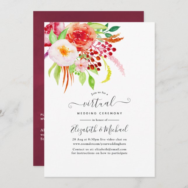 Marsala Vintage Rustic Charm Virtual Wedding Invitation (Front/Back)