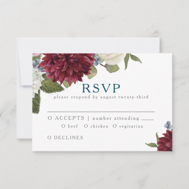 Marsala Watercolor Floral Maroon Fall Wedding RSVP Card (Front)