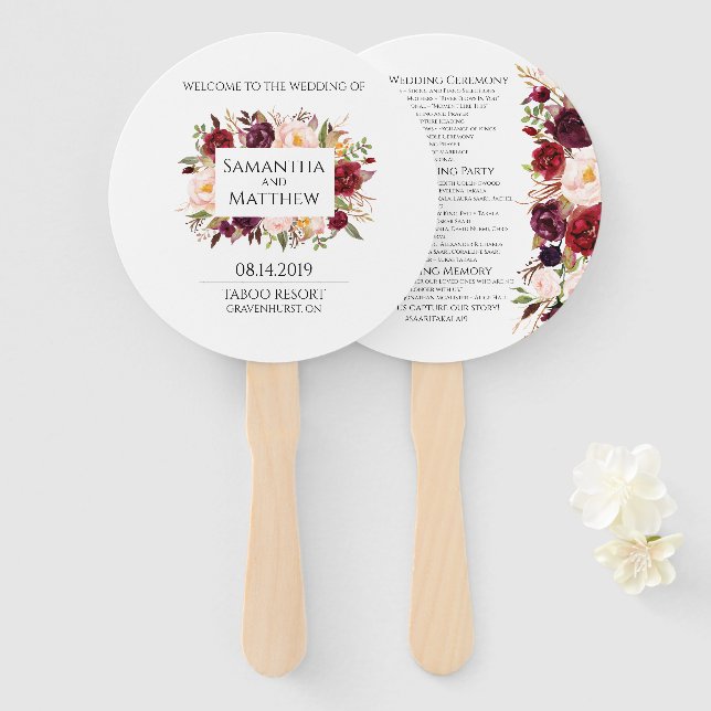 Marsala Wedding Program Round Hand Fan (Front and Back)