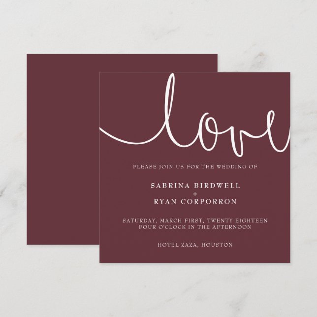Marsala + white classic elegant wedding invitation (Front/Back)