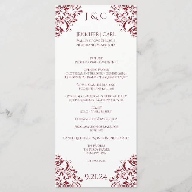 Marsala Wine Nadine Wedding Program - Tea-length Programme (Front)
