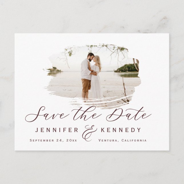 Marsala Wine Romantic Brushed Frame Save The Date Postcard (Front)