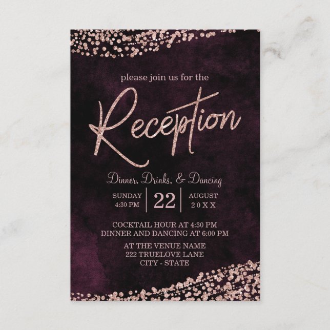 Marsala Wine & Rose Gold Wedding Reception Enclosure Card (Front)