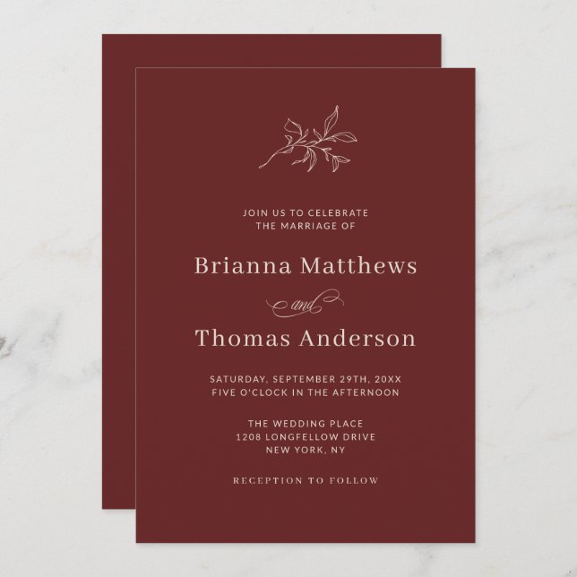 Marsala Wine Simple Elegant Fall Wedding Invitation (Front/Back)