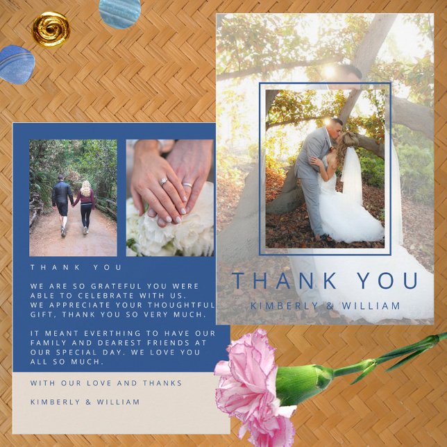 Marseille Bleu Chic 3 Photo Minimalist Wedding Thank You Card (Marseille Bleu Modern Wedding Thank You Cards Custom 3 Photo Flat Cards)