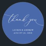 Marseille Bleu Minimalist Wedding Thank You Classic Round Sticker<br><div class="desc">Our modern minimalist thank you sticker/seal has "thank you" written in modern calligraphy script and can be fully customised with your name,  dates and background colour.</div>