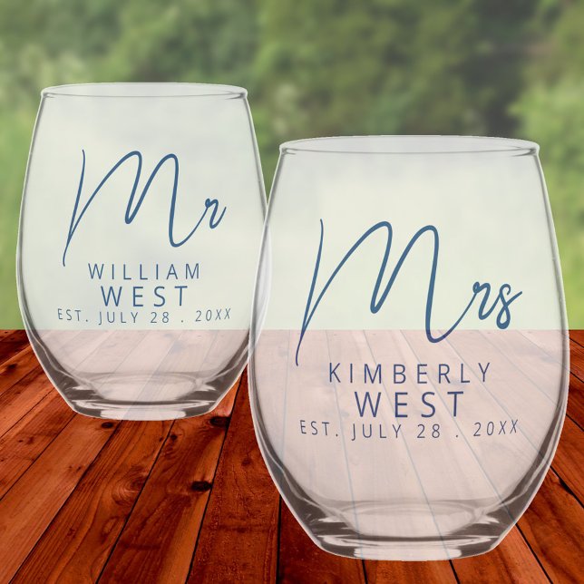 Marseille Bleu Mr And Mrs Personalised Wedding Stemless Wine Glass (Marseille Bleu Modern Wedding Bride And Groom Mr. & Mrs. Personalized Stemless Wine Glasses)