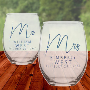 Marseille Bleu Mr And Mrs Personalised Wedding Stemless Wine Glass
