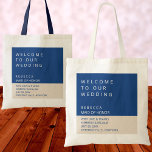 Marseille Bleu Wedding Bridal Party Chic Welcome Tote Bag<br><div class="desc">Create your own wedding welcome tote bags for out of town guests or your bridal party with this chic modern Marseille Bleu design. Simple blocks of bright navy blue with white text and soft ecru with dark blue text set the modern tone of these personalised tote bags. The large font...</div>