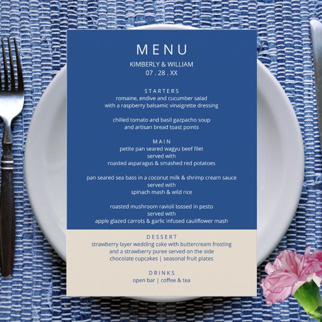Marseille Bleu Wedding Modern Rehearsal Dinner Menu (Marseille Bleu Modern Wedding Menu - Custom Rehearsal Dinner Wedding Reception Menu Card )