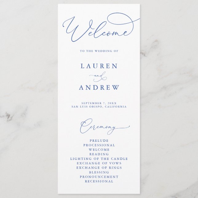 Marseille Bleu & White Elegant Minimalist Wedding Programme (Front)