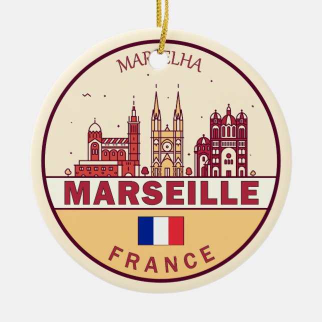 Marseille France City Skyline Emblem Ceramic Tree Decoration (Front)