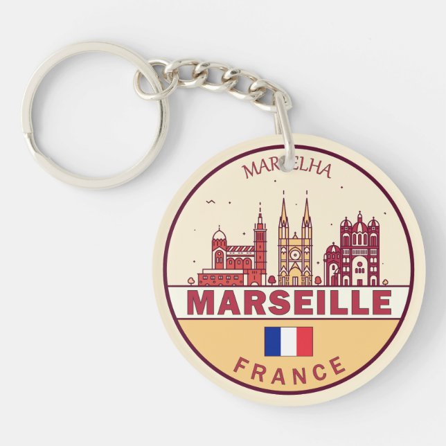 Marseille France City Skyline Emblem Key Ring (Front)