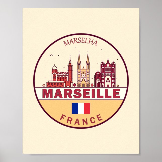 Marseille France City Skyline Emblem Poster (Front)