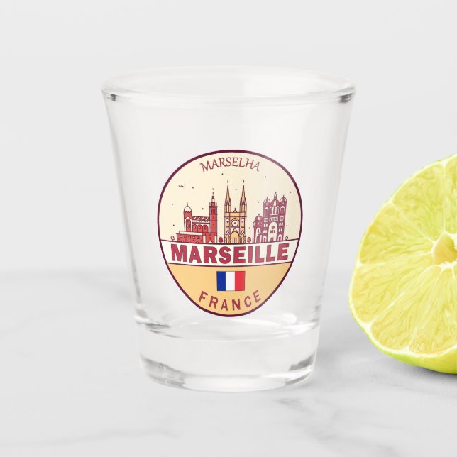 Marseille France City Skyline Emblem Shot Glass (Front)