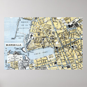 Marseille, France Vintage Map  Poster