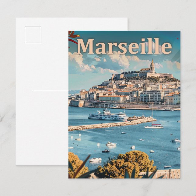 Marseille France Vintage Retro Travel Illustration Postcard (Front/Back)