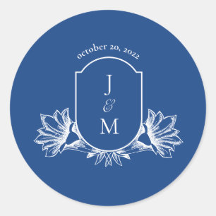 Marseilles Bleu Floral Wedding Monogram Crest  Classic Round Sticker