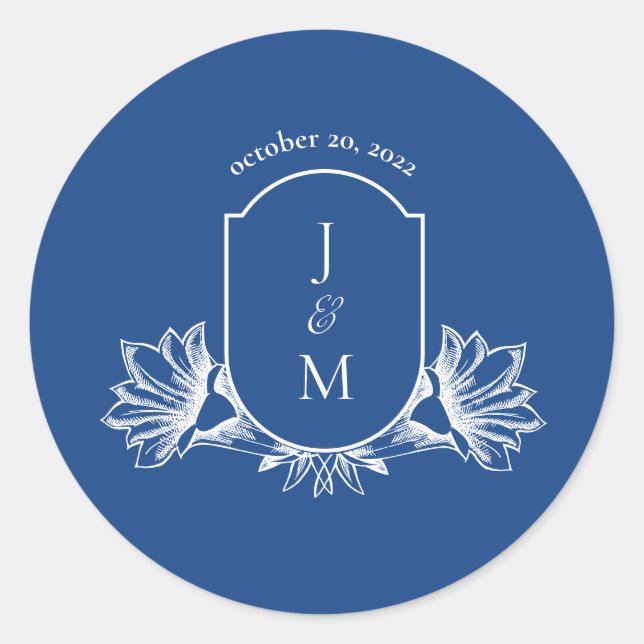 Marseilles Bleu Floral Wedding Monogram Crest  Classic Round Sticker (Front)