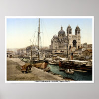 Marseilles Harbour & Cathedral 1900 antique France