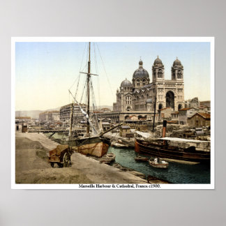 Marseilles Harbour & Cathedral 1900 antique France Poster