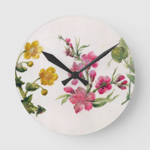 Marsh Marigold, Japonica, Violet (w/c on paper) Round Clock