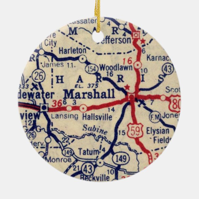 Marshall TX 1945 Map Ceramic Tree Decoration (Back)