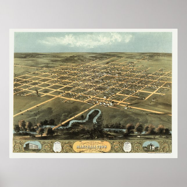Marshalltown, IA Panoramic Map - 1868 Poster (Front)