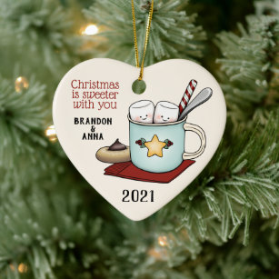 Marshmallow Couple in Mug of Hot Cocoa Christmas Ceramic Tree Decoration