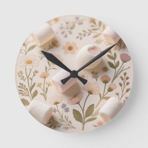 Marshmallow Floral Pastel Pattern Round Clock