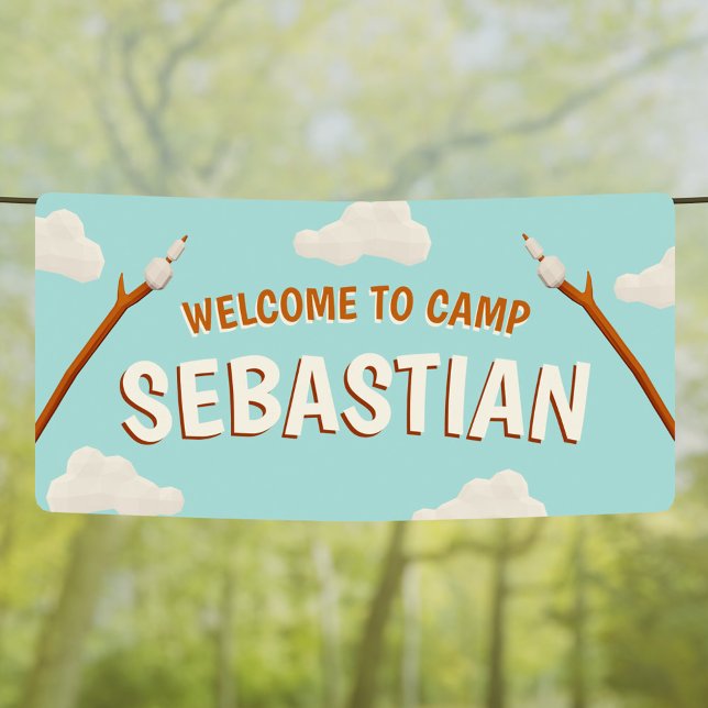 Marshmallows Blue Welcome Camping Birthday Party Banner (Marshmallows Blue Welcome Camping Birthday Party Banner)