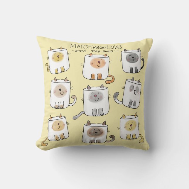 MARSHmeowLOWS Whimsical Wordplay Cat Marshmallows Cushion (Front)