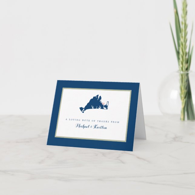Marthas Vineyard Blue Map with Heart Wedding  Thank You Card (Front)